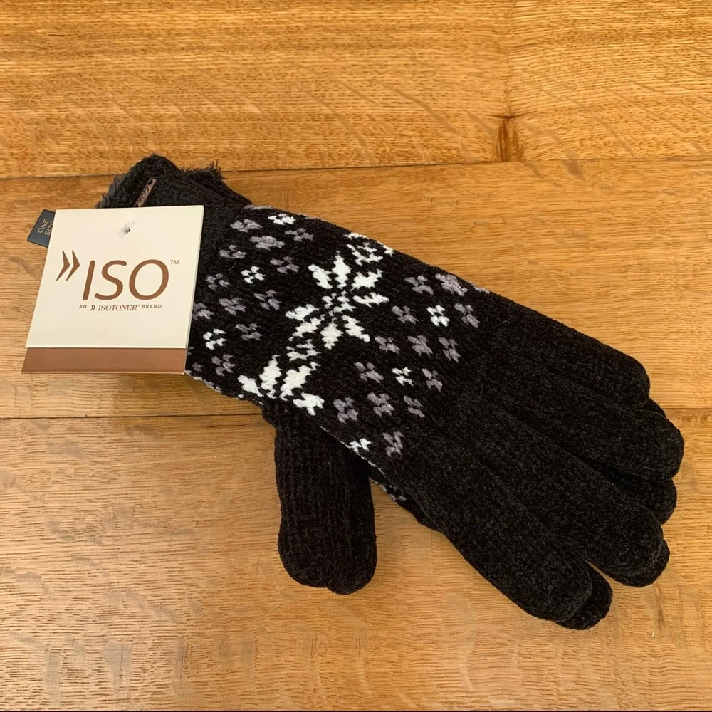 ISOTONER ISO BLACK CHENILLE “SNOWFLAKE” GLOVES NWT